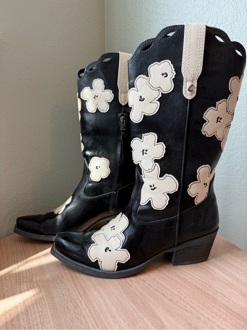 Circus by Sam Edelman Black Boots with White Floral Appliqués